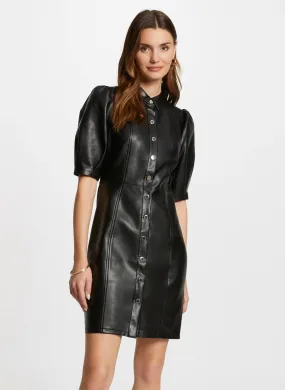 RLONGO - Vestido camisero corto efecto cuero en negro